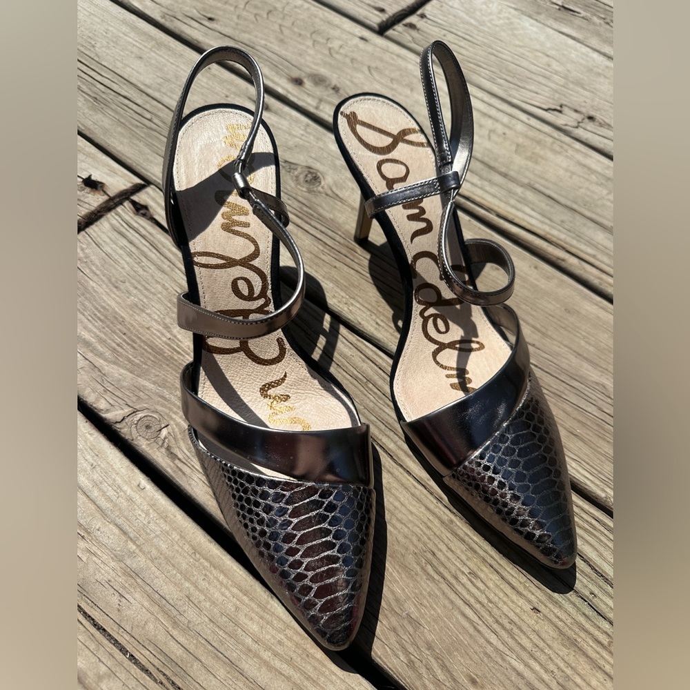 Sam Edelman Otello Metallic Silver Snakeskin Leather Pointed Stilettos, Size 10